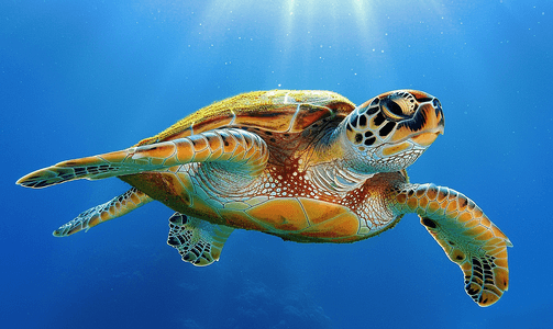 绿海龟肖像在深蓝色的海洋礁石中游泳