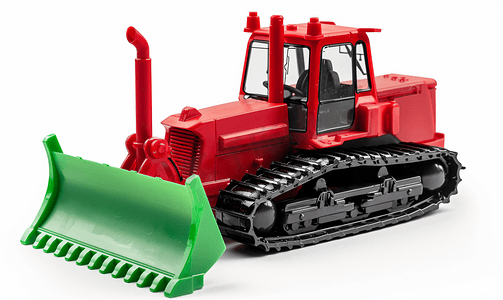 红漆塑料玩具推土机带绿色通用刀片白色隔离