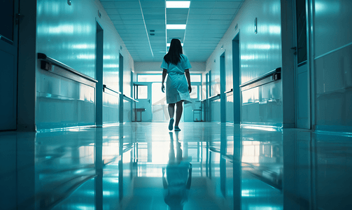 护士女孩病人医院走廊里散步