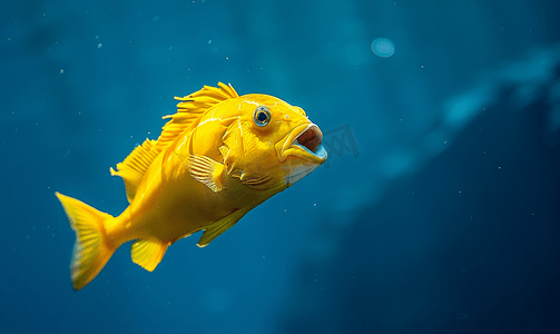 一条孤立的大唇黄鱼在深蓝色的大海中游动