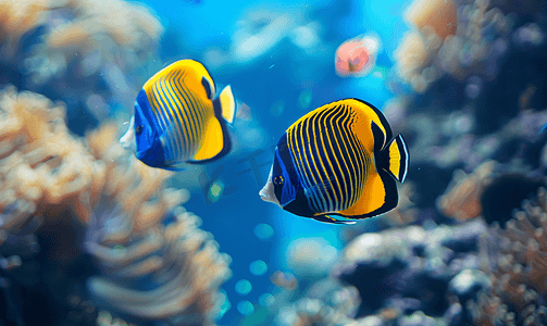 旅游黄色背景摄影照片_礁石背景中两条黄色和蓝色的蝴蝶天使鱼