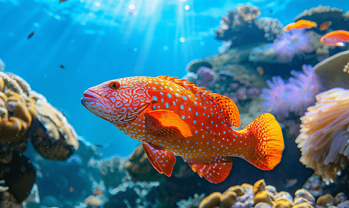 巨型怪人摄影照片_礁石上的彩色石斑鱼