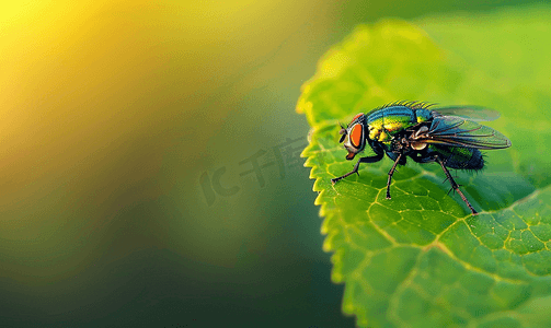 昆虫金属摄影照片_叶子上的绿瓶蝇