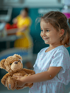 护士给医院中微笑的小女孩送泰迪熊给泰迪