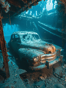 汕尾红海湾摄影照片_红海二战沉船内的旧车