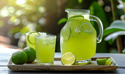 自制的柠檬水由石灰制成放在玻璃杯和水壶中放在木托盘上