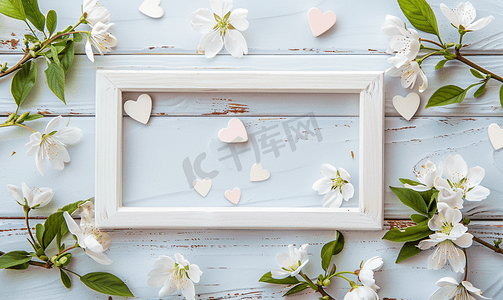 爱情框架摄影照片_有心和花的白色木制框架