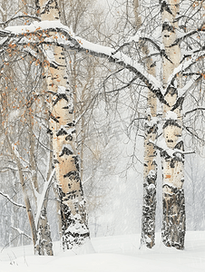 暴风雪中的橡树和桦树