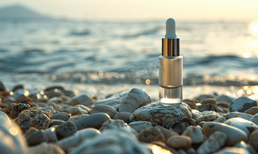 肌底精华露摄影照片_一个化妆品滴管瓶立在海边的石头上背景是大海