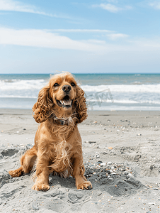 背景阳光沙滩摄影照片_可卡犬在沙滩上