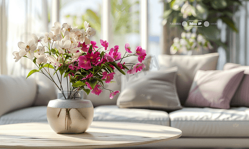 平面客厅摄影照片_舒适客厅的室内设计配有时尚的沙发咖啡桌、花瓶里的干花