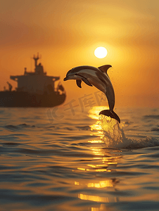 日落时分条纹海豚在油轮前跳跃