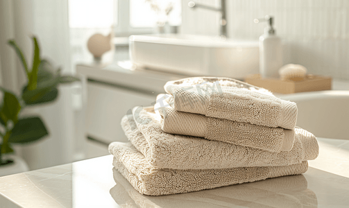 洗涤背景摄影照片_现代浴室的桌子上放着中性色的棉毛巾