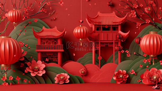 古代宫殿王座背景图片_红色宫殿松柏合成创意素材背景