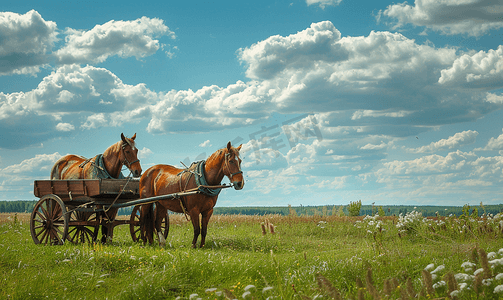 乡村景观与马和木车