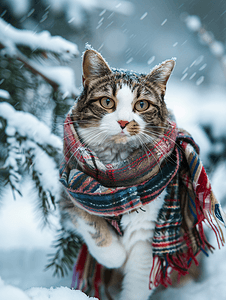雪林里戴围巾的猫