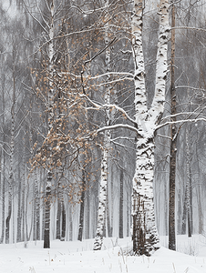 天气下雪摄影照片_暴风雪中的橡树和桦树