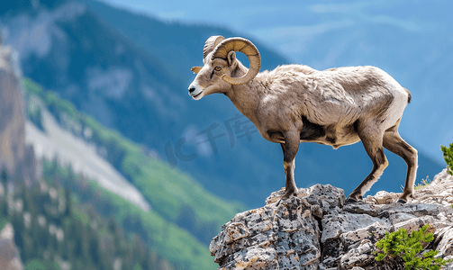 美国国旗元素摄影照片_大角羊在山边行走时的肖像