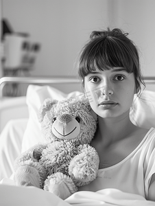 相片框4摄影照片_在医院房间黑白相片中带着泰迪熊的女