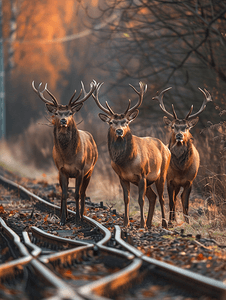 麋鹿国潮摄影照片_火车轨道上的麋鹿