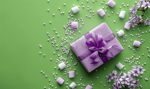石灰背景上撒着棉花糖的花紫礼盒