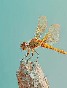 浅蓝色背景中的孤立金蜻蜓
