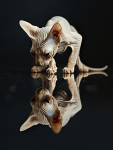 斯芬克斯猫滑稽地站在黑镜子上
