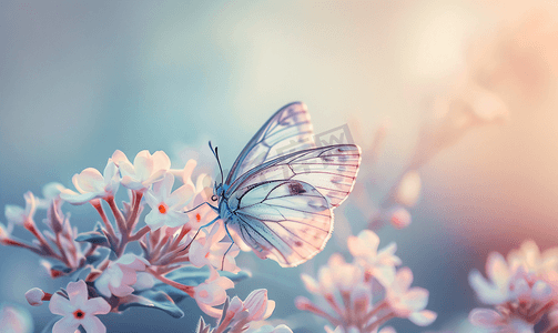 抽象动物背景摄影照片_花卉自然复古粉彩背景上的梦幻蝴蝶