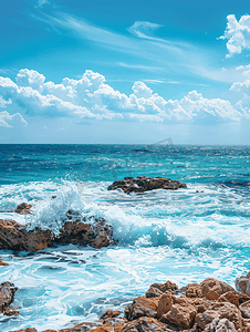 波浪海浪摄影照片_有白色波浪的岩石海滩深蓝色海景和蓝天