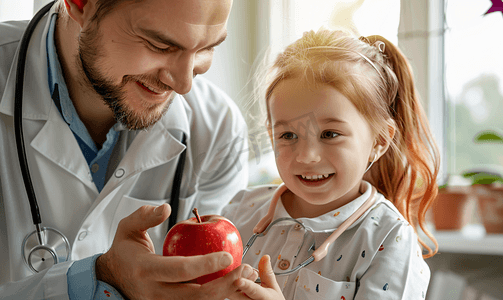 保健 儿童医学男医生给个微笑的小女孩苹果