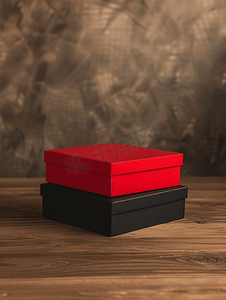 空白盒子样机摄影照片_木桌背景上的样机红色和黑色盒子