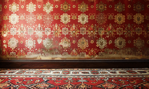 文化抽象摄影照片_墙上的地毯织物图案旧住宅内部