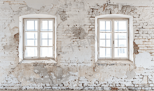 厚砖中世纪墙上的两扇窗户在磨损的白色灰泥层下