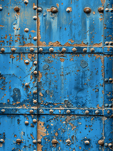 金属蜂窝背景摄影照片_带铆钉和剥落蓝色油漆的旧锻造铁门