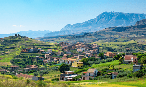 山丘上的房子摄影照片_意大利西西里岛绿色山丘上的加吉镇郊区