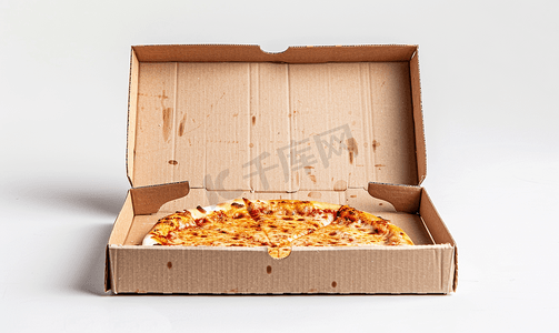 打开的盒子盒子摄影照片_空吃打开的披萨盒孤立在白色背景