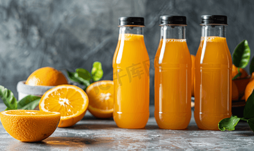 半价标签摄影照片_无标签透明塑料瓶中的新鲜橙汁