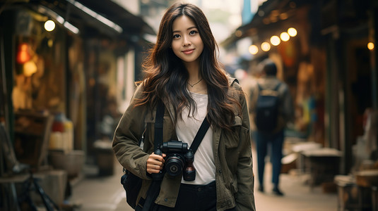 旅行的年轻女孩带着相机摄影图