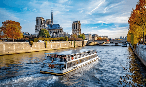 拍摄巴黎圣母院和旅游船