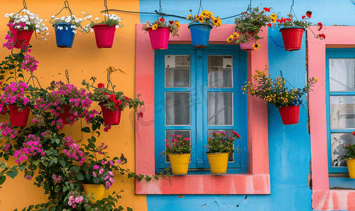 可爱装饰纹理摄影照片_博兹贾阿达彩色墙壁和窗户上挂着花盆