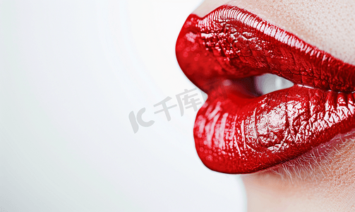 红色口红嘴唇摄影照片_白色背景口红上的一个吻选择性焦点