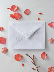 信封花卉摄影照片_带花瓣的平铺白色明信片模型