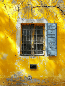 带铁门和百叶窗的旧黄墙