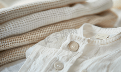 棉质纹理摄影照片_棉质衬衫上带按钮的洗衣护理服装标签