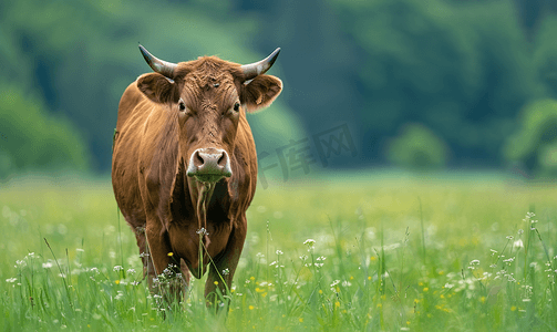 绿色草地背景下一头年轻棕色公牛的肖像