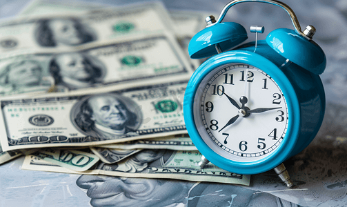 时间作为重要的商业资源蓝色闹钟和美金