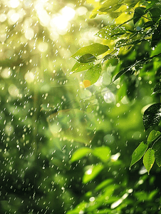 太阳图案摄影照片_雨落在模糊的绿色森林背景上阳光直射