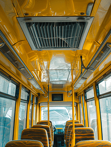 汽车空调摄影照片_巴士天花板上有空调运输巴士舱口已飞行