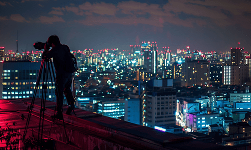 摄影师从红砖公寓屋顶边缘拍摄夜景