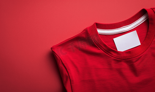 红色针织涤纶运动衫上的白色洗衣护理洗涤说明衣服标签